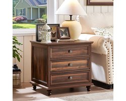 24 inch breed landhuisnachtkastje, grote bijzettafel met 3 laden en metalen handgreep, houten commode voor slaapkamer, bruin nachtkastje, ladecommode, nachtkastjes voor woonkamer - bruin