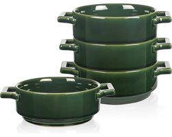 24 oz Keramische Soepkommen met Handgrepen - Porseleinen Soepkroeke​n voor Franse Uiensoep - Ontbijtgranen Runderstoofpot Chili Pasta Pottaarten - Magnetron en Ovenveilig - Set van 4 - Groen soepkommen met oor