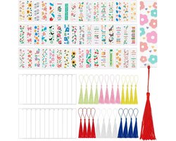 24 Stuks Acryl Boekenleggers met 48 UV DTF Stickers, Kleurige Kwastjes voor DIY Creaties en Decoratieve Prijslabels