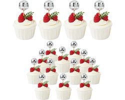 24 stuks discoballen - cupcake-prikkers - zilveren cupcake-topper met houten stok - kleine ronde acrylballen met schuim aan de binnenkant - 70 stuks - taartdecoratie voor disco themafeest - jaren '80 feestdecoratie