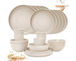24 stuks onbreekbare serviesset, herbruikbaar, campingserviesset voor 6 personen, plastic servies, picknick, lichte kunststof serveerborden, kommen, bestekset Beige
