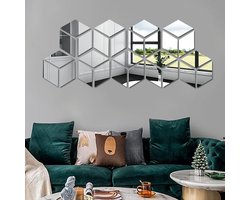 24 stuks zelfklevende 3D acryl wandspiegel, 14 x 8 cm, afneembare driehoekige doe-het-zelf spiegelstickers, tegelstickers, voor woonkamer, slaapkamer, huis (zilver)