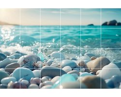 24 tegelstickers fotomozaïek blauwe stenen op strand 15 x 15cm per sticker - backsplash - peel and stick - plakfolie - voor badkamer, keuken of toilet - zelfklevend
