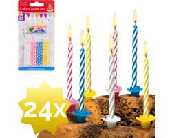 24 Verjaardagskaarsjes - Taartkaarsjes Met Houders En Spikes - Gestreept - Set Van 24 - 7 cm - 4 Kleuren: Geel, Blauw, Roze, Wit