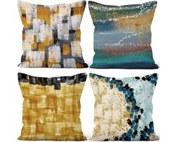24 x 24 Inch Kussenslopen Goudblauw Olieverfschilderij Patroon Vierkante Zachte Korte Pluche Sierkussenhoezen Home Decor Voor Woonkamer Sofa Outdoor Patio Tuin Bank Auto, 60x60cm Set van 4