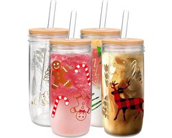 24oz Kerst Mason Jar Bekers - Kerst Mokken met Deksel en Rietje - Drinkglazen - Koffiemokken - Koekjespot Decor - Glazen Waterflessen - Xmas Huisdecoraties - Cadeau voor Vrouwen Kinderen Mannen
