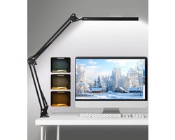 24W LED-Bureaulamp Met Klem En Drie Lichtkoppen - 3000K-6000K 10 Dimstanden 45° Niet-Verblindende Lichtbundel 360° Draaibare Voet USB-Voeding - Voor Grote Bureaus En Werkplekken - Zwart