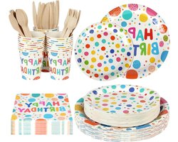 25-delige papieren borden en bestek set voor 25 gasten - Kleurrijk duurzaam feestservies voor verjaardag - Herbruikbaar servies inclusief servetten, messen, lepels - Papieren bekertjes en bordjes - Feestbenodigdheden