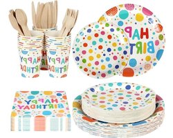 25-delige papieren borden en bestek set voor 25 gasten - Kleurrijk feestservies voor verjaardag - Duurzaam en herbruikbaar - Inclusief servetten, messen, lepels, papieren bekertjes en borden.