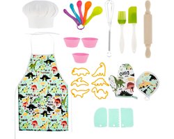 25-delige set - kinder bakset met schort - wasbaar herbruikbaar kinder kookgerei set - rollenspel keuken speelgoed set - creatieve dinosaurus kookaccessoires - voor kinderen van 3-8 jaar