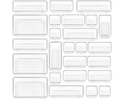 25-delige veelzijdige doorzichtige bureau-organizer set, 4 maten lade-organizers voor badkamer, make-up, keuken en slaapkamer accessoires
