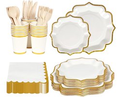 25 Gasten Party Servies Set - Vintage Papieren Borden en Bestek - Duurzaam en Herbruikbaar - Inclusief Servetten, Messen, Lepels, Papieren Bekers - Geschikt voor Bruiloft.