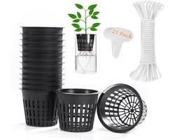 25 Pack 3 "Net Cup Pot met 25 voet Hydrocultuur Zelf Watering Wick & 25 Stks Plantenlabel Aquaponics Mason Jar Insert Orchidee Rimmed Netted Manden Slotted Mesh Garden Groeiende Groente