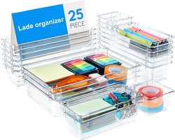 25 stuks lade organizer set doorzichtig plastic bureau lade verdelers trays dressoir opbergbakken scheidingsdoos voor make-up, sieraden en gadgets, slaapkamer, badkamer, kantoor