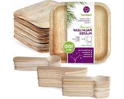 25 vierkante palmblad wegwerpborden 20 cm - set van 75 houten wegwerpbestek - elegant en duurzaam - voor feestjes, barbecues, picknick