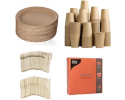 250 stuks x Houten wegwerp bestek set eco/milieubewust – 50 bruine kartonnen borden 23cm + 50 kartonnen bekers 240ml+ 50 Vorken 16cm + 50 messen 16cm+ 50 servetten oranje 32x32cm Feest/verjaardag/BBQ picknick