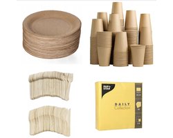 250 stuks x Houten wegwerp bestek set eco/milieubewust – 50 bruine kartonnen borden 23cm + 50 kartonnen bekers 240ml+ 50 Vorken 16cm + 50 messen 16cm+ 50 servetten geel 32x32cm Feest/verjaardag/BBQ picknick