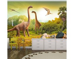 250cm X 175cm - Fotobehang - Vliesbehang Dinosaurus, beige/groen, premium print vliesbehang, 5 maten, kinderkamer, zeer scherp geprijsd, instructies bijgevoegd, geen behangtafel nodig