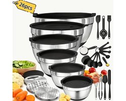 26-delige Keukenset – Saladekommen van 201 Roestvrijstaal met Deksel, 3 Mengmes Hulpstukken & 17 Praktische Keukengereedschappen – Antislip Rubber Basis, Duurzaam & Roestbestendig