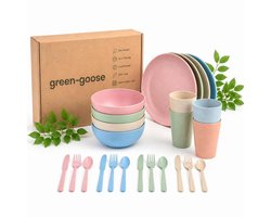 28-delige bio-plastic serviesset, 4 sets onbreekbare lichtgewicht borden, kommen, bekers en besteksets