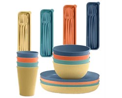 28-delige plastic serviesset, 4 sets onbreekbare lichtgewicht borden, kommen, bekers en besteksets