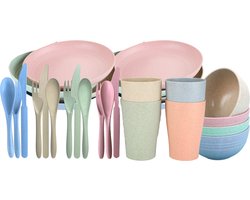 28-delige serviesset - campingservies - tafelservies - compleet servies - met kom, bord, eetlepel, eetvork, eetmes en beker - voor picknick, feest, barbecue, cadeau, bruiloft, camping