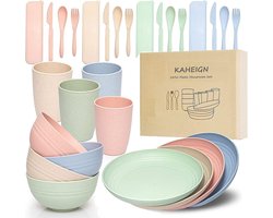 28 stuks kunststof serviezensets, 4 sets onbreekbare lichtgewicht borden, kopjes, kommen en bestek, milieuvriendelijk en herbruikbaar magnetron- en vaatwasmachinebestendig servies voor kinderen of picknicks