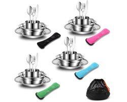 29-Delig RVS Bordenset - Bordenset 4 Persoons - Roestvrij Staal Servies - Compleet Camping Servies - Met Bestek En Kommen - Compact Opbergen - Camping - Wandelen - Picknick - BBQ - Outdoor Eten - Makkelijk Schoon Te Maken - All-in-One Keukenset