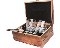 2BEHOME Whiskey Set - 2 Whiskey glazen en 6 Whisky Stones/Stenen - Houten Opbergdoos