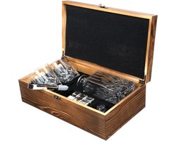 2BEHOME Whiskey Set - Decanteer Karaf - 2 Whiskey Glazen en 6 whisky - Houten Opbergdoos - Whiskey karaf - Whisky glazen