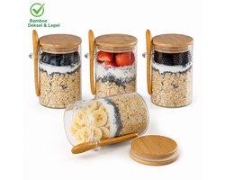 2Day Home - Overnight Oats Potjes - Glazen Potjes Met Deksel - 4 Stuks - 500 ml - Incl. Receptenboek - Bamboe