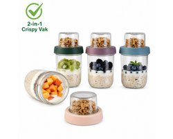 2DAY HOME - Overnight Oats Potjes - Yoghurt beker to go - 4 Pastel Kleuren Glazen Voorraadpotten Met Crispy Vak - 4 × 500ML + 100ML Inclusief Receptenboek