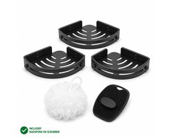 2DayHome 3 Stuks Hoekrek Douche Zonder Boren - Hoekrekje Badkamer Zwart - Zelfklevend en Afneembaar - Doucherekje voor de Douchehoek - Douchebakje Zonder Boren - 11 cm per Muur - Incl. Badspons en Siliconen Scrubber