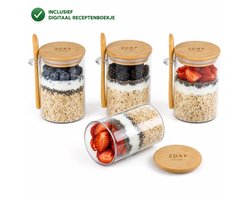 2DayHome Overnight Oats Potjes Glas - Set van 4 met Bamboe Deksel en Lepel - 500 ml - Luchtdicht & Lekvrij - Muesli Beker - Yoghurtbeker - Lunchpot To Go - Havermout Ontbijtpotjes - Meal Prep Glazen Voorraadpotten met Deksel - Incl. Receptenboek