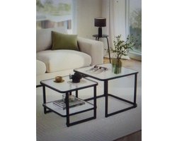 2Multifunctioneel Set LED Salontafels Vierkante Bijzettafel 60x60x45 / 50x50x40cm Koud, Natuurlijk & Warm Licht Pas de Helderheid Aan om de Perfecte Sfeer te Creëren- Ruimtebesparend- Modern Charme Stalen Zwart Frame & Mat Glas- Samen & Apart 16.7Kg