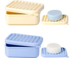 2PC draagbare lekvrije reiszeepdoos, siliconen reiszeepdoos, compacte zeephouder met drainagelaag, reiszeephouder voor kamperen, sportschool, buiten (blauw en geel)