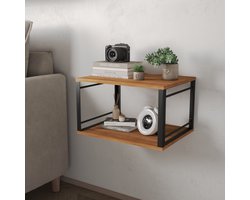 2PCS Wall Mounted Bedside Table Wood Bedside Desk with Light 2-Layer Floating Bedside Table Open Space Metal Wood Bedside Cabinet for Bedroom Living Room and Apartment Brown
