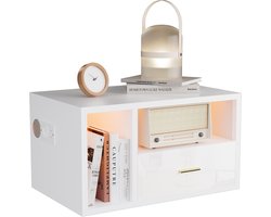 2PCS White Wooden Wall Mounted Bedside Table - 1 Drawer + Charging Station (1AC/2USB, EU Plug) & Lamp Strip - Space-Saving Floating Bedside Cabinet for Bedroom