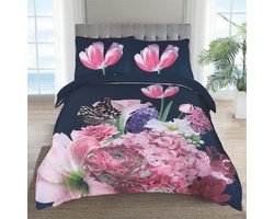 2Persoons-Lits-jumeaux- Spring Flowers Naturel Dekbedovertrek set-Ultra soft microPercal dekbedhoes 240x200/220 cm + 2 kussenslopen 60x70 cm Multi