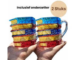 2STUKS 3D Boeken Mok van Glas – Koffiemok/Theemok met Boeken-Design – Cadeau voor Lezers – Inclusief Onderzetter