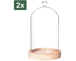 2x Atmosphera Home decoratie glazen stolp op houten plateau - glas/lichtbruin - D12 x H19 cm - Woonaccessoires - Glazen stolp - Houten plateau - Beschermt en presenteert decoratie