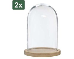 2x Atmosphera Home decoratie glazen stolp op houten plateau - glas/lichtbruin - D15 x H24 cm - Woonaccessoires