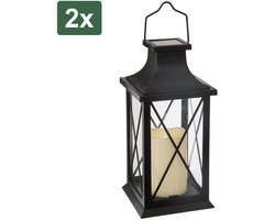 2x Atmosphera Solar tuin lantaarn - zwart - kunststof/glas - 14 x 14 x 28 cm - buiten - Led kaars licht