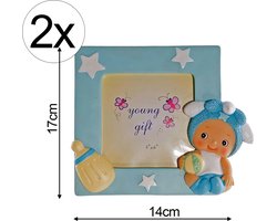 2x Baby Fotolijst Blauw – Polyresin Kinderkamer Decoratie – Fotokader 14x17 cm – Kraamcadeau / Geboortegeschenk