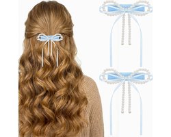 2x Blauwe Haarclips met Parels en Lint - Elegante Kinderaccessoires