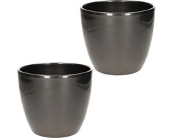2x bloempot in kleur glanzend zilver metallic keramiek voor kamerplant h15 x d17.5 cm- plantenpotten binnen