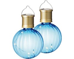 2x Buiten/tuin Led blauwe lampion solar verlichting 11 cm - Tuinverlichting - Tuinlampen - Solarlampen zonne-energie