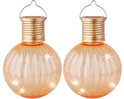 2x Buiten/tuin Led oranje lampion solar verlichting 11 cm - Tuinverlichting - Tuinlampen - Solarlampen zonne-energie
