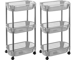 2x Grijze opberg trolleys/roltafels met 3 manden 71 cm - Etagewagentje/karretje met opbergkratten