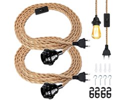 2x Hängelampe Set met Hennep Touw, 4.5m E27 Fitting met Stekker en Schakelaar - Industriële Hanglamp voor DIY en Decoratie